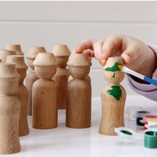 Alg Wood Montessori Toys Ahşap El Yapımı Peg Bebek 6'lı Boyama Seti Fırça Boya Dahil -PEG15-9,5CM