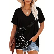 Woodroffe Kadın V Yaka Salaş Ayıcık Baskılı Oversize Boyfriend T-Shirt