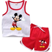 Derin Bebe Neşeli Bebeklerimiz Fare Baskılı Askılı Erkek Penye Şortlu Takım Kırmızı