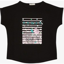 Breeze Kız Çocuk Tişört Çiçek & Yazı Baskılı Pullu 9-14 Yaş, Siyah