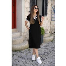 Mary Store Kadın Kısa Kollu V Yaka Kol Yaka Ribana Detay Midi Boy Viskon Elbise