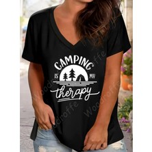 Woodroffe Kadın V Yaka Salaş Camping Baskılı Oversize Boyfriend T-Shirt