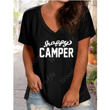 Woodroffe Kadın V Yaka Salaş Happy Camber Baskılı Oversize Boyfriend T-Shirt