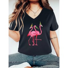 Woodroffe Kadın V Yaka Salaş Flamingo Baskılı Oversize Boyfriend T-Shirt