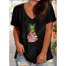Woodroffe Kadın V Yaka Salaş Ananas Baskılı Oversize Boyfriend T-Shirt
