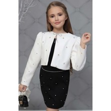 Riccotarz Kız Çocuk Üzeri Taş Işlemeli Etek Askılı Penye Bluz ve Beyaz Blazer Ceket Etekli Takım