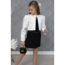 Riccotarz Kız Çocuk Üzeri Taş Işlemeli Etek Askılı Penye Bluz ve Beyaz Blazer Ceket Etekli Takım