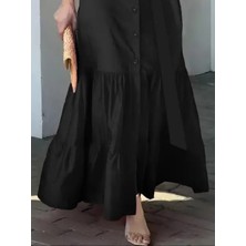 Mary Store Kadın Uzun Kollu Eteği Fırfırlı Beli Kuşaklı Trikoton Tam Boy Gömlek Elbise