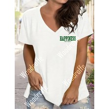 Woodroffe Kadın V Yaka Salaş Happiness Baskılı Beyaz Oversize Boyfriend T-Shirt