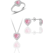 Söğütlü Silver Gümüş Rodyumlu Pembe Taşlı Pırlanta Montürlü Kalp Üçlü Set SGTL11608PEMBE