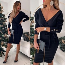 Mary Store Kadın Uzun Kollu Kruvaze Yaka Bağcık Detay Akrilik Mini Boy Elbise