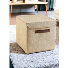 Prendi Home Jüt Deri Saplı Kapaklı Kutu Bej Renk 30x30x30 cm Katlanabilir Özellikli