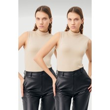 BiPantolon Kadın Krem 2'li Kolsuz Body