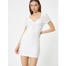 Koton Mini Fisto Elbise Astarlı Kalp Yaka Drapeli Fiyonk Detaylı