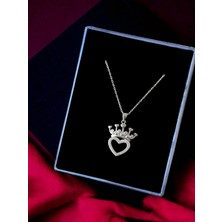 Alaja Silver Kalp Kraliçe Tacı Parlak Beyaz Taşlı Tasarım  925 Ayar Gümüş Kolye