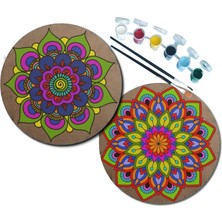 Dudu Gift 2'li Mandala Boyama Seti 2 Desenli Plaka 6 Renk Akrilik Boya 2 Adet Fırça