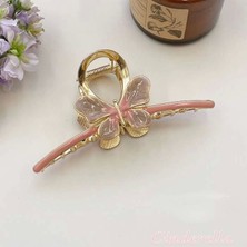Cinderella Kadın Pembe Gold Kelebek Detaylı Zarif Metal Mandal Toka - Özel Gün Lüks Modern Mandal Saç Tokası