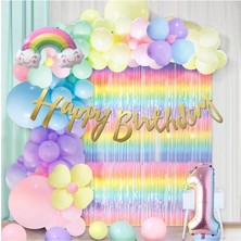 Parti Furyası Makaron Balon Seti ve Arka Fonlu 1 yaş Doğum Günü Seti Kutlama Eğlence