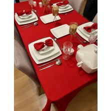 Zeren Home Meral Kurşun Collection Polyester Keten Dertsiz Masa Örtüsü Kırmızı + 12 Peçete