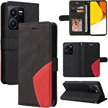 Mays Shop Vıvo Y35/Y22S/Y22 Iki Renkli Dikiş Pu Deri Flip Folio Kılıf (Yurt Dışından)