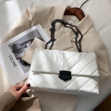 Kensen Shop Beyaz Stil Popüler Basit Kadın Günlük Çanta Taşınabilir Omuz Crossbody Çanta Kadın Katı Deri Zincir Çanta Banliyö Tote (Yurt Dışından)