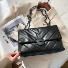 Kensen Shop Siyah Stil Popüler Basit Kadın Günlük Çanta Taşınabilir Omuz Crossbody Çanta Kadın Katı Deri Zincir Çanta Banliyö Tote (Yurt Dışından)