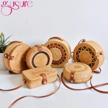 Kensen Shop No.32 Tarzı Gusure Dokuma Kamış Örgü Çanta Yuvarlak Hasır Omuz Çantası Küçük Plaj Çantaları Kadın Yaz Hollow El Yapımı Messenger Crossbody Çanta (Yurt Dışından)