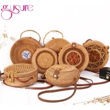 Kensen Shop No.32 Tarzı Gusure Dokuma Kamış Örgü Çanta Yuvarlak Hasır Omuz Çantası Küçük Plaj Çantaları Kadın Yaz Hollow El Yapımı Messenger Crossbody Çanta (Yurt Dışından)