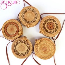 Kensen Shop No.32 Tarzı Gusure Dokuma Kamış Örgü Çanta Yuvarlak Hasır Omuz Çantası Küçük Plaj Çantaları Kadın Yaz Hollow El Yapımı Messenger Crossbody Çanta (Yurt Dışından)