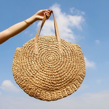 Kensen Shop Kumral Tarzı Yuvarlak Hasır Plaj Çantası Eski El Yapımı Dokuma Omuz Çantası Rafya Daire Rattan Çantalar Bohem Yaz Tatili Günlük Çantalar (Yurt Dışından)