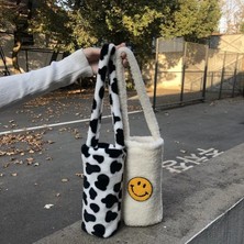 Kensen Shop Cow B Style Fashion Smiley Women Water Cup Shoulder Bag Soft Plush Portable Girls Student Bottle Bucket Bags Cute Cow Pattern Purse Handbags (Yurt Dışından)
