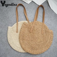 Kensen Shop Kumral Tarzı Yuvarlak Hasır Plaj Çantası Eski El Yapımı Dokuma Omuz Çantası Rafya Daire Rattan Çantalar Bohem Yaz Tatili Günlük Çantalar (Yurt Dışından)
