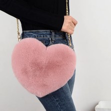 Kensen Shop Sıcak Pembe Tarzı Moda Kadın Kalp Şeklinde Çanta Sevimli Kawaii Faux Kürk Crossbody Çanta Cüzdan Çanta Peluş Zincir Omuz Çantası Bayan Çanta (Yurt Dışından)