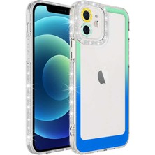 Alan Tech iPhone 11 Uyumlu Simli ve Renk Geçiş Tasarımlı Lens Korumalı Zore Park Kapak-Yeşil-Mavi