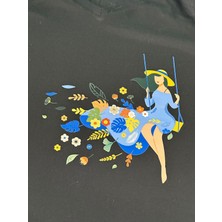 Gönülden Tasarım 22X19 cm Ütü Ile Yapışan Çiçekli Sallanan Kız Transfer Baskı Kot Arma