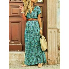 Aisha Elbise Kadın Kısa Kollu V Yaka Etnik Desenli Yırtmaç Detay Süprem Elbise (Kemersiz)