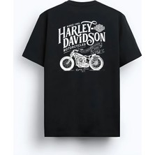 Alex Rosen Unisex Oversize Bisiklet Yaka Harley Davidson Baskılı Kısa Kollu Siyah Tişört