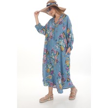 Bohem Stil Bohomiyan Büyük Beden İtalyan Uzun Dijital Çiçek Baskılı Keten V Yaka Gömlek Elbise