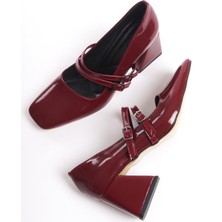 Modabuymus Culia Bordo Rugan Mary Jane Çift Bant Küt Burun Topuklu Ayakkabı