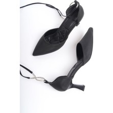 Modabuymus Miniglossy Siyah Kısa Topuklu Stiletto Gümüş Taşlı Bağlamalı Abiye Ayakkabı