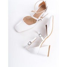 Modabuymus Sigva Mary Jane Yazlık Beyaz Rugan Kalın Topuklu Bantlı Ayakkabı