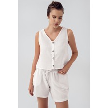 Artış Collection Kadın Çift Katlı Müslin Pamuklu Kolsuz Düğmeli Lastikli Cepli Şort Pijama Takım M207