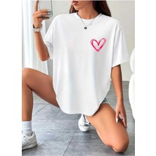 Woodroffe Kadın Bisiklet Baka Salaş Kalp Baskılı Oversize Boyfriend T-Shirt