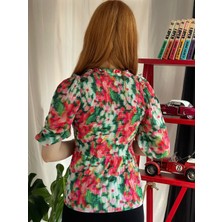 Kübra tekstil Çok Renkli Çiçekli Piliseli Bluz KT02211