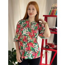 Kübra tekstil Çok Renkli Çiçekli Piliseli Bluz KT02211