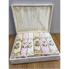 ayhanhome Sandıklı Güpürlü Saten Işleme Desenli Lüks Çeyizlik 50 x 90  cm  6'Lı El Yüz Havlu Seti