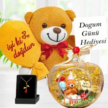 Md Doğum Günü Hediyesi Işıklı Teraryum & Iyi Ki Doğdun Balonlu Ayıcık ve Gold Rose Gül Kolye