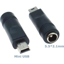 Koodmax - 5 Pin Mini USB Erkek To Dc 5.5*2.1mm Dişi Soket Çevirici - Güç Adaptörü Fişi Dönüştürücü