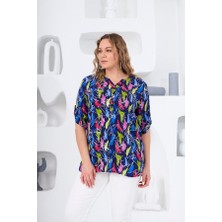 Rmg Hscstore Kadın Desenli Lacivert Büyük Beden Bluz- O6444