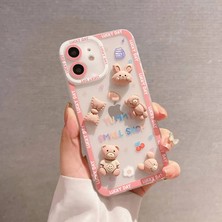 Mabs Tech Apple iPhone 11 Uyumlu Ayıcık ve Tavşan Figürlü Silikon Kılıf - Pembe (Bear And Rabbit)